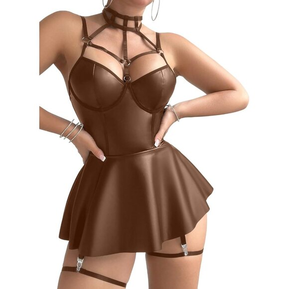 Women Brown Strappy Leather Underwire Choker Garter Belt Lingerie Set Dress - Picture 3 of 6